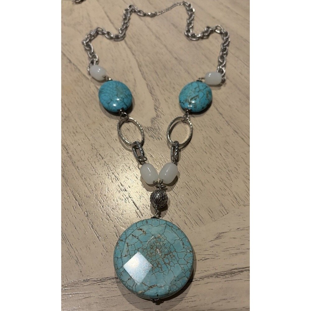 Large Faux Turquoise & White Beads -Pendant Necklace Silver Tone Tribal Boho 38”